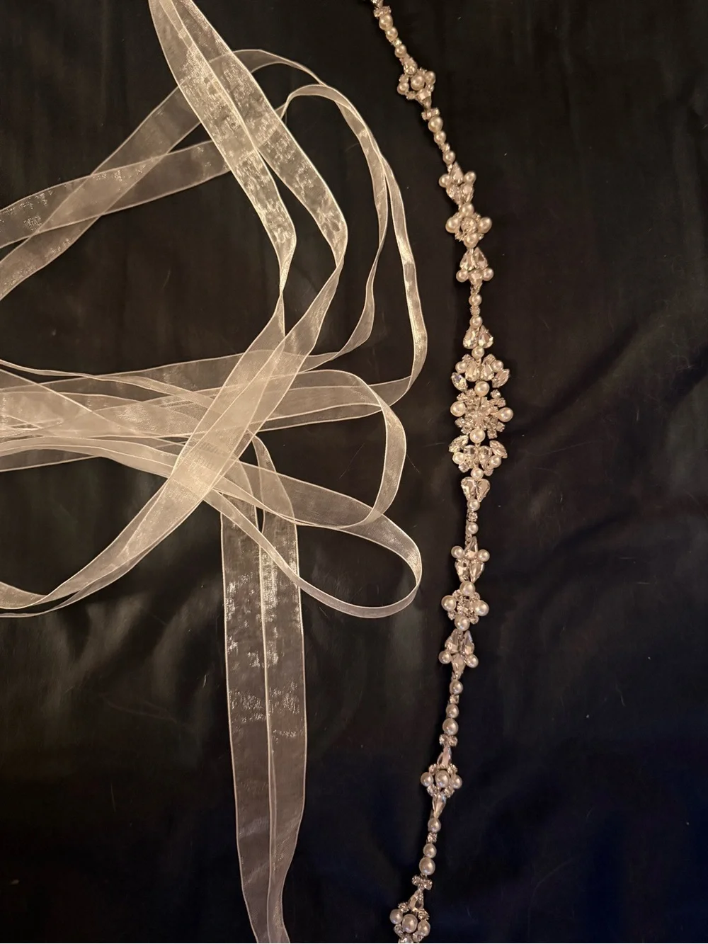 David's Bridal White Sheer Ribbon Crystal Floral Belt